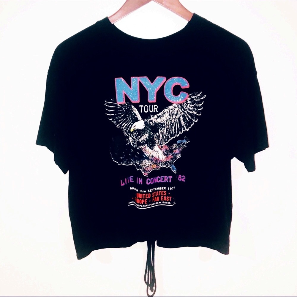 FOREVER21 NYC Graphic Band Tee Lace Up Back Black Medium Cotton Festival Boho